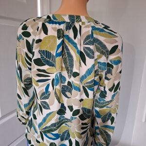Banana Republic Leaf-Print Blouse in Blue, Green & Cream